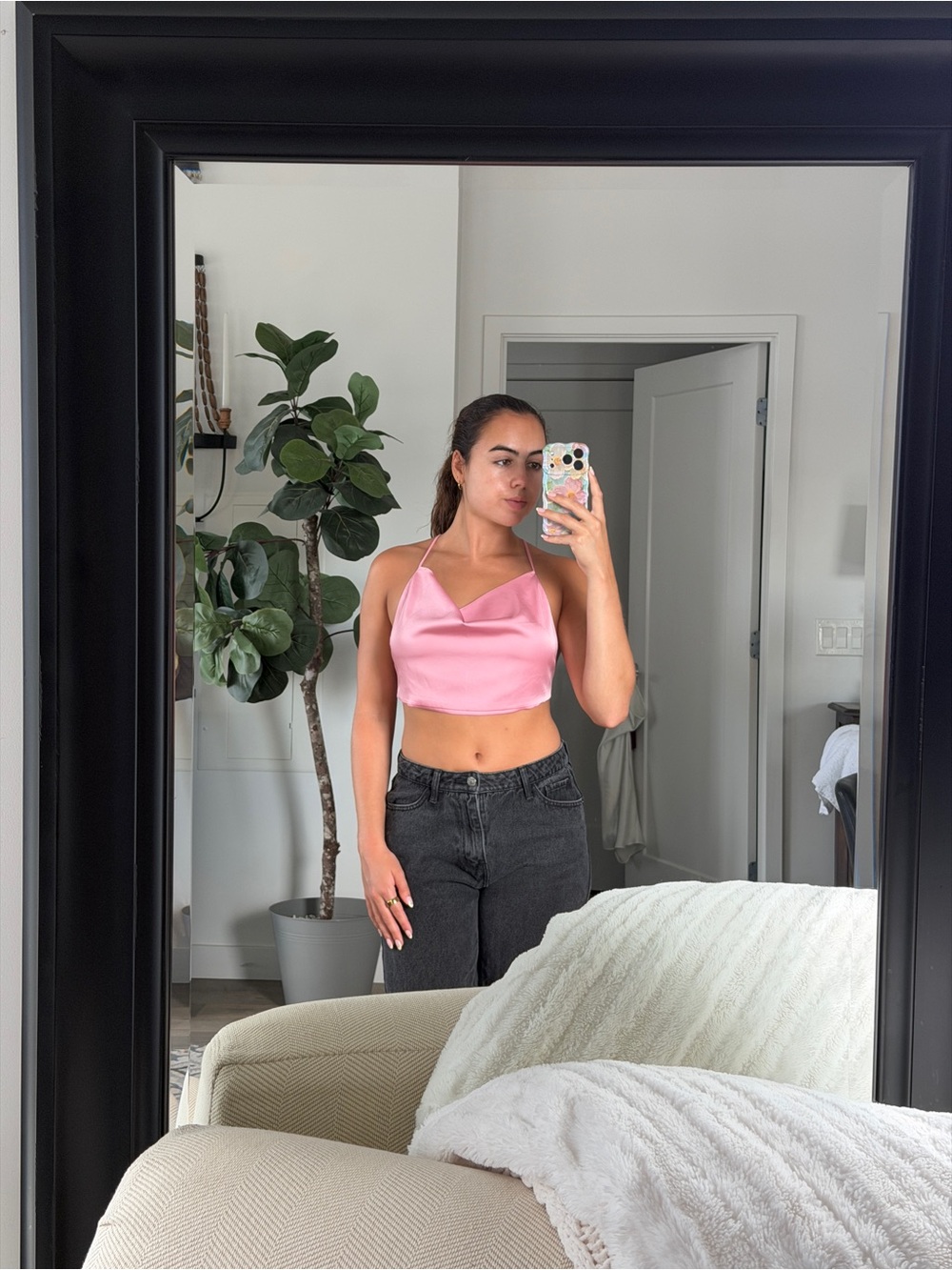 Pink Satin Cowl Neck Crop Top